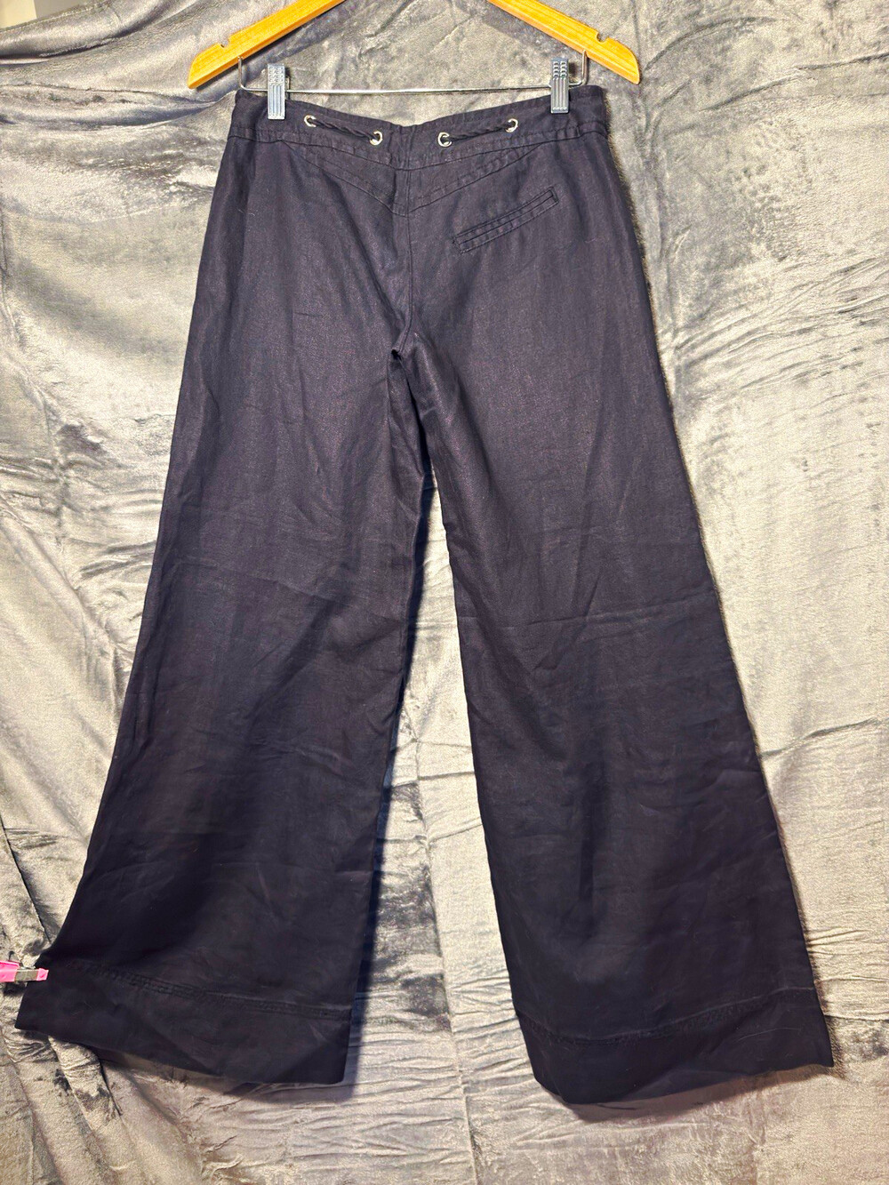 Anthropology Elevenses Sz 2 Blck Nautical 100% Linen Wide-Leg Low Rise Pants